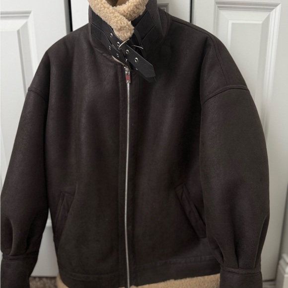 Mango Chocolate Brown Shearling Bomber Jacket - Picture 4 of 6